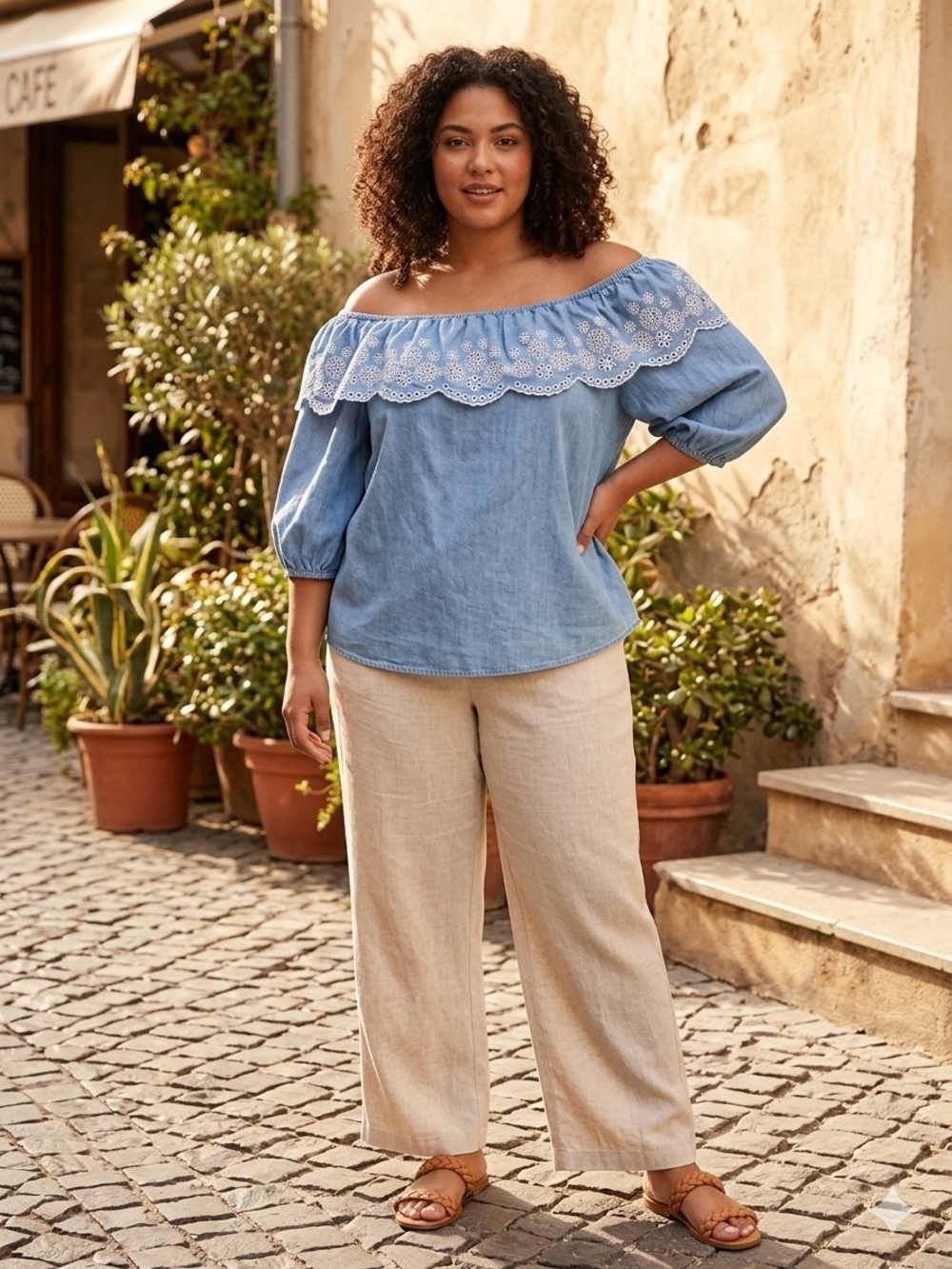 Time and Tru Light Blue Embroidered Denim Top with White Floral Stitching